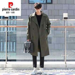 Pierre cardin men's mid-length trendy windbreaker men's spring and autumn british style handsome men's high-end large size double-breasted jacket military green 2xl
