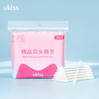 Ukiss premium double-ended cotton swabs 100 pieces for cleaning adults and infants ear and nose cleaning, disinfection and makeup multi-purpose absorbent cotton