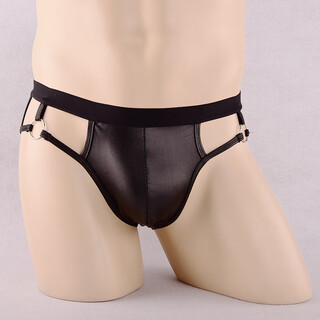 Ye zimei men's patent leather briefs sexy open crotch hollow thong men's sexy underwear wide edge metal ring 4128 one size