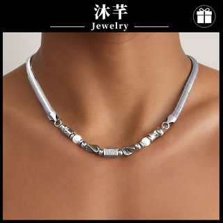 Muqian men's necklace titanium steel snake bone chain necklace men's snake bone chain men's high-end clavicle chain handsome jewelry luxurious snake bone chain bead square diamond style