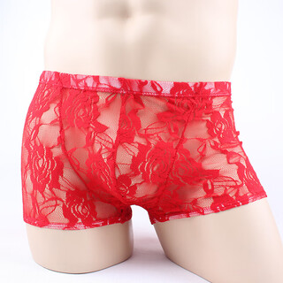 Men's sexy underwear thin transparent lace sexy underwear see-through boxer briefs men's shorts one size red