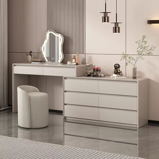 Solid wood dressing table, simple and modern cream style dressing table, bedroom storage cabinet, bedside drawer and integrated desk, matte gray crystal diamond countertop, order notes, stool, 40 width, door-to-door delivery and installation included