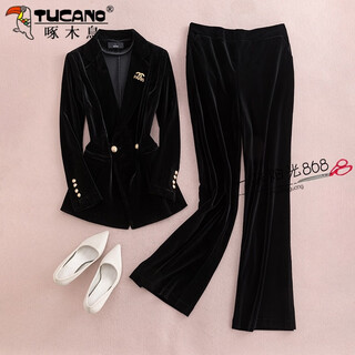 Woodpecker golden velvet suit jacket 2025 spring and autumn new velvet top women's large size professional suit two-piece black suit xl 111-125jin jin equals 0.5 kg