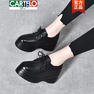 Cartelo platform sole lace-up deep mouth genuine leather dwarf british style small leather shoes thick sole wedge heel soft leather 2025 new women's shoes black velvet lining (7 cm) 38