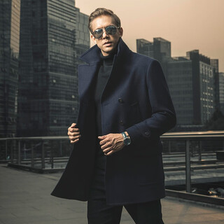 Longya new american navy wool coat men's mid-length winter business casual windproof wool jacket dark ink blue m