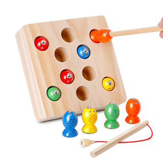 Sangty children's fishing magnetic toys early education games intelligence boys and girls magnetic set three-dimensional fish box wooden fishing game (solid wood thick bottom b2825)