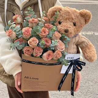 Flowers and chihiro strawberry bear hug bucket teddy bear bouquet flowers delivered in the city to husband girlfriend wife 19 cappuccino roses teddy bear bouquet