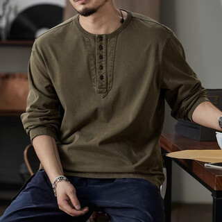 Back-explored american henley collar long-sleeved t-shirt for men loose 2025 autumn inner layering shirt for men retro casual tops for men mocha brown xl (140-155jin jin equals 0.5kg)