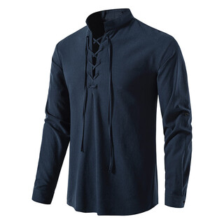 Men's henley medieval retro shirt lace-up long sleeve shirt nordic style renaissance punk performance costume navy l