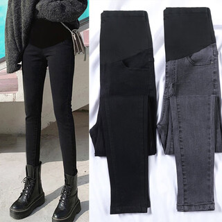 Zhuo beixin maternity jeans autumn and winter new stretch slimming small leg pants belly support pants plus velvet maternity pants trousers black m 80-115jin jin is equal to 0.5 kg