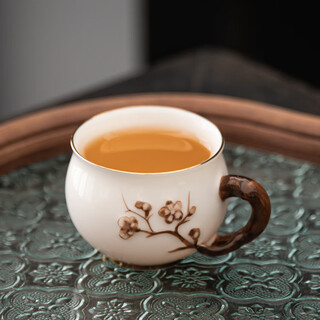 Greek-style mutton-fat jade kung fu tea cup ceramic household goods tea cup tea master cup with handle high-end hand-painted underglaze color mutton-fat jade-plum blossom cup 80ml 1 piece