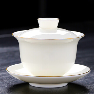 Yu shang zhenpin sancai tureen three-piece set mutton fat jade white porcelain tea cup kung fu tea set for one person household large tea bowl with single lid gold line stroke white porcelain tureen 160ml