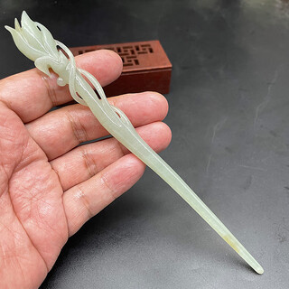 Meng junchen hetian jade blue and white jade headdress hairpin flower blooming wealth jade hairpin hanfu hollow flower birthday gift flower carving hollow hairpin