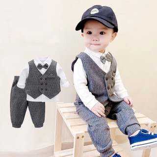 丹鸟王男宝宝周岁礼服三件套儿童绅士西装婴幼儿生日宴抓周服帅气小西服 春秋款领巾三件套 90 码