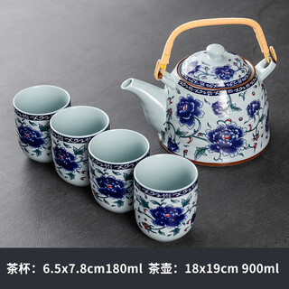 Tang yao retro large teapot handlebar set one pot two cups single pot household large ceramic teacup herbal teapot large capacity handlebar teapot - blue peony (one pot four cups)