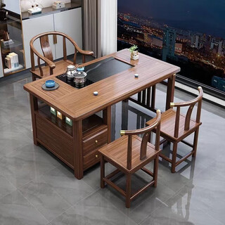 Balcony small tea table and chair combination living room home new chinese style solid wood kung fu zen coffee table multi-functional tea table solid wood 1 meter storage drawer + 3 copper crescent chairs