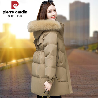 Pierre cardin fashionable western down jacket women's mid-length 2025 new winter loose thickened warm mother big fur collar jacket khaki high imitation fox fur collar xl recommended 130-145 jin jin equals 0.5 kg