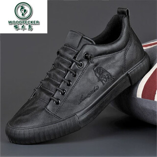 Woodpecker all black leather men's shoes 2025 autumn new soft sole soft panel shoes business casual leather shoes all black 43 loose fit, one size smaller for thin feet