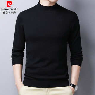 Pierre cardin 100% wool sweater men's thin half turtleneck sweater middle-aged solid color versatile sweater black 170