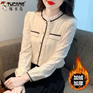 Woodpecker fashionable age-reducing long-sleeved tops for women 2025 autumn and winter new velvet bottoming lace shirt with apricot velvet xl 115-125jin jin is equal to 0.5 kg