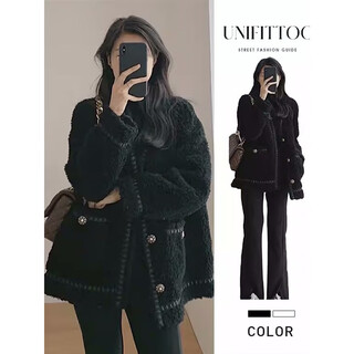 Yanlifen (yanlifen) black lamb wool coat for women 2025 autumn and winter new loose cotton coat thickened small fragrance jacket coat black 55/60kg/l