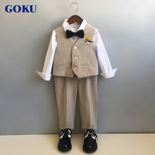 GOKU男童婚礼礼服马甲套装秋冬韩版宝宝周岁生日宴西服儿童主持人西装 卡其色马甲+裤子+衬衫+领结胸花 120（建议体重37-43斤）