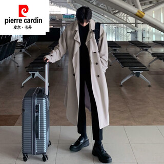 Pierre cardin korean windbreaker men's mid-length knee-length korean style loose double-breasted coat autumn and winter thickened trendy khaki gray s