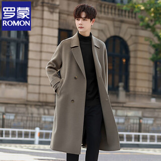 罗蒙（ROMON）男士纯羊毛呢大衣冬季韩系中长款高端过膝风衣双面加厚外套 8137绿色【羊毛】 L :160-185斤