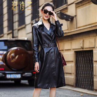 Bo shilan autumn and winter new haining women's genuine leather jacket women's mid-length sheepskin windbreaker coat slim p3756 black l 105-114jin jin equals 0.5 kg