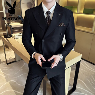 Playboy suit men's double breasted commuting work business formal host suit wedding three-piece suit black suit+vest+trousers xl