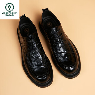 Woodpecker spring and autumn new men's shoes business casual leather shoes thick-soled leather shoes large leather shoes men's wide-head men's leather shoes black 37