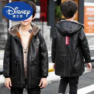 Disney boys autumn and winter plush leather children's korean jacket 2024 new medium long style 12 medium large thickened jacket 13 black 150