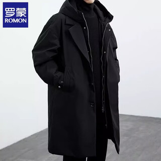 Romon 2025 autumn and winter new men's green coat men's jacket fake two-piece hooded mid-length windbreaker parka trendy classic black spring and autumn/parka coat/german style/large 3xl recommended 160-180jin jin equals 0.5 kg