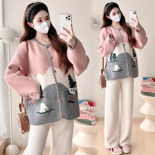 Ran qiqi maternity autumn and winter fashion jacket korean style forest style sweet contrast sweater cardigan soft waxy versatile knit sweater pink cardigan (single piece) l