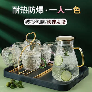 Delisoga high-looking light luxury hammered glass cup hot water resistant cup tea cup water set family hospitality home living room 1.8l pot + 6-color hammered cup + love frame + blue plate