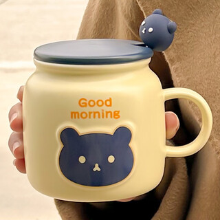 Wanjiazhen cartoon ceramic mug with lid spoon good-looking gift for teachers on teacher's day office water cup breakfast milk cup little bear 480ml custard + cup lid + bear head spoon