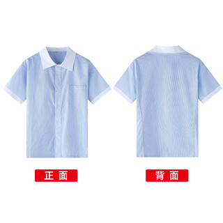 Xin yueqing children's summer short-sleeved shirt for boys and girls, primary and secondary school uniform shirt, white collar, blue pinstripe half-sleeved top, thin striped boys' short-sleeved shirt 160 cm