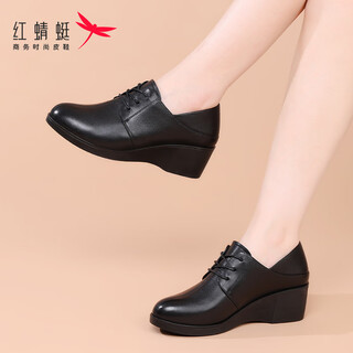Red dragonfly women's shoes mother's shoes women's spring and autumn new style comfortable cowhide all-match middle-aged single shoes thick-soled wedge lightweight commuting leather shoes wtb333171 black (5cm) 36