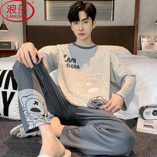 Langsha spring and autumn pajamas men's cotton long-sleeved trousers new cotton round neck young students can wear home clothes set
