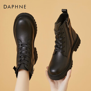 Daphne martin boots women's cowhide knight short boots thin boots plus velvet casual leather boots women's boots black (velvet lining) 38
