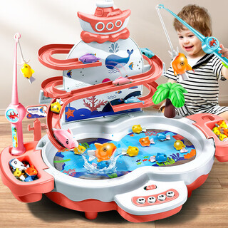 Meibosen children's multi-functional electric fishing rod fishing toy for boys and girls early education baby 1 to 3-6 years old birthday gift pink penguin slide fishing platform set battery