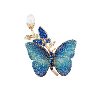 Lingmeng antique blue embroidered butterfly brooch for women, fabric high-end corsage placket pin, suit jacket accessories, embroidered blue butterfly 1 piece (including small gift box)