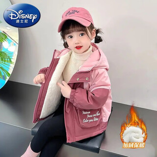 迪士尼（Disney）女童秋冬款2024新款儿童韩版拼色时髦连帽加厚外套宝 酒红色 90码建议80-90cm 1-2岁