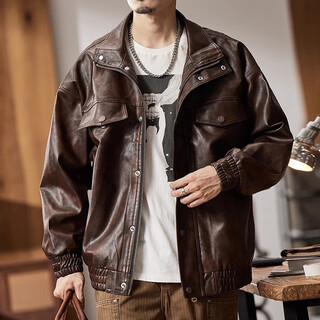 Chaotians american retro leather jacket men's loose high-end motorcycle workwear leather jacket men's autumn and winter embossed large size top brown color 3xl 180-200jin jin equals 0.5 kg