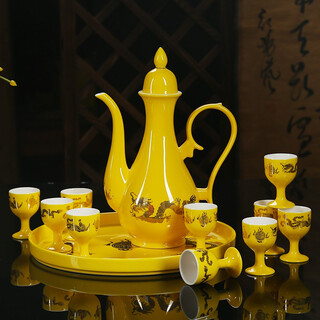 Hongying ceramics jingdezhen chinese antique ancient white wine set ceramic small wine glass goblet one-cup wine jug wine divider wine cup yellow wine cup with tray gift box huanglongfeng wine set 10 cups 1 pot 1 tray
