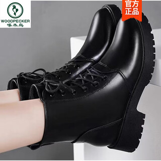 Woodpecker casual genuine leather soft leather martin boots for women 2025 new short boots winter anti-slip plus fleece cotton boots black single lining regular version rubber sole 38 standard size