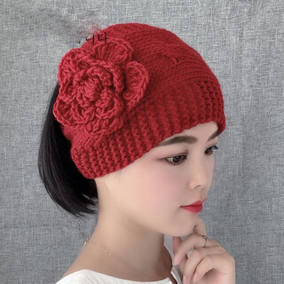 Hat for covering white hair, woolen knitted hairband with wide brim, autumn and winter warm and windproof headscarf for women, ear protection, headband, forehead hoop, flower woolen wine red