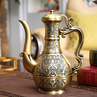 Fantasy chinese high-end antique copper wine jug for serving wine jug imitation ancient bronze props old wine jug for household wedding wine blue bronze double dragon pattern single wine jug 500m l