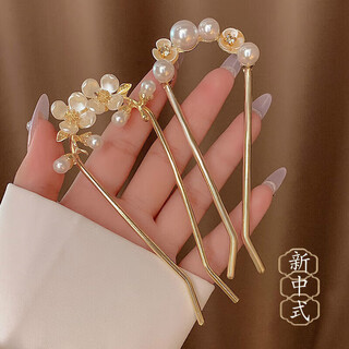 Tingbai's new summer chinese camellia hairpin, ancient style, high-end back-of-the-head hairpin, metal hairpin, hanfu hairpin, 2-piece set, pearl flower + lily of the valley flower