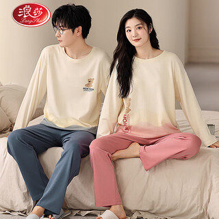 Langsha couple pajamas for one man and one woman in spring and autumn pure cotton round neck long-sleeved cartoon casual spring and autumn can be worn outside home clothes 96850 female m + male l